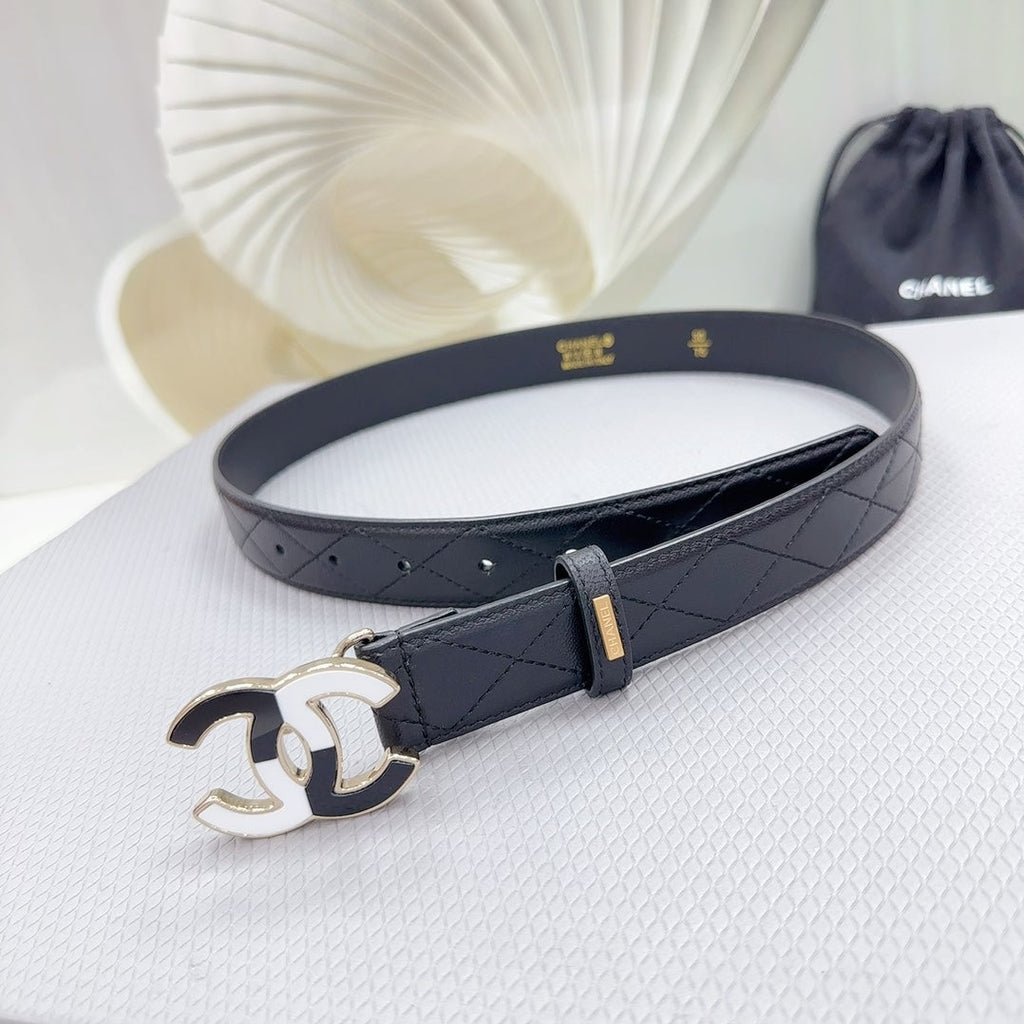 CC BELT 30 MM BLACK CALFSKIN WITH BLACK MIX WHITE LOGO