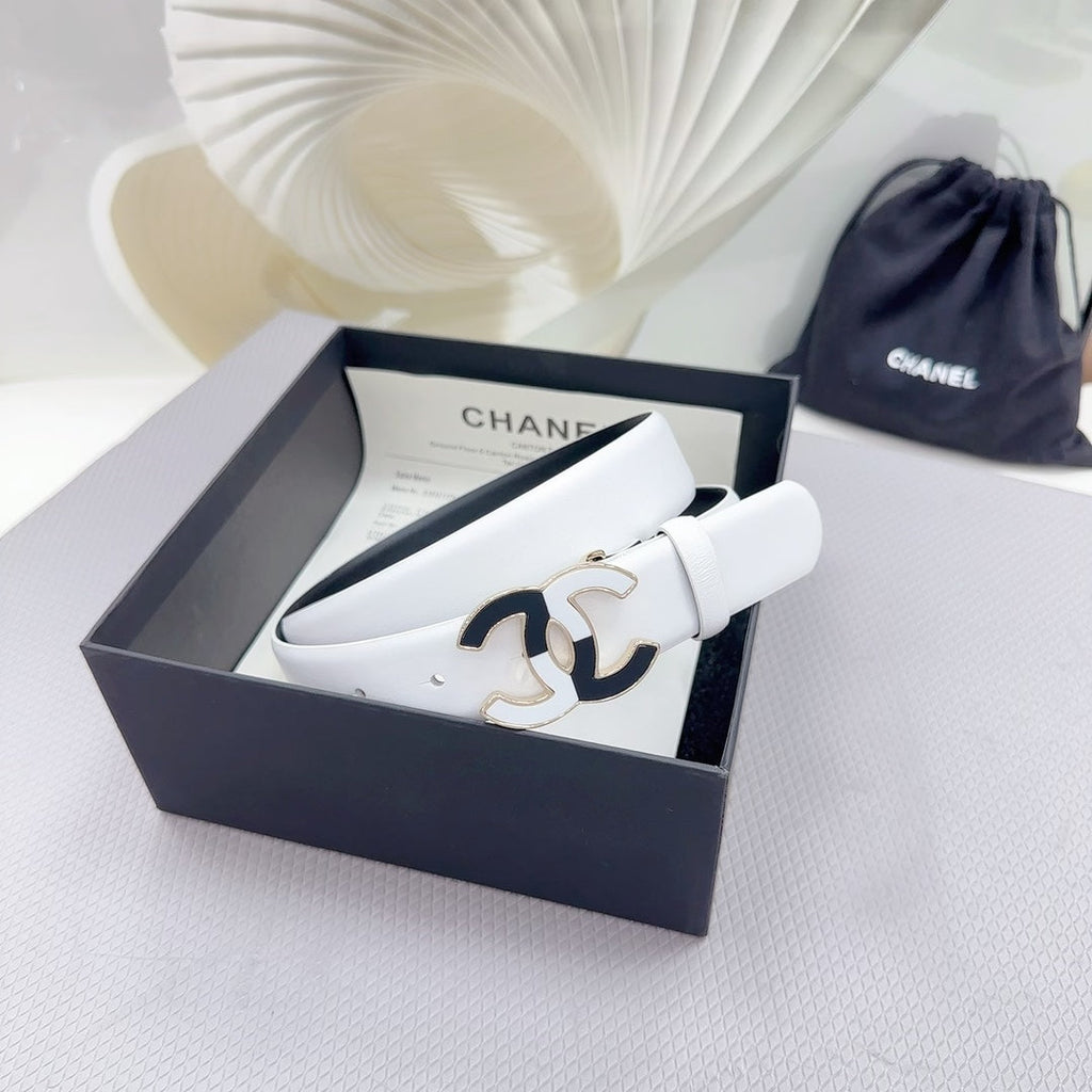 CC BELT 30 MM BLACK MIX WHITE CALFSKIN WITH METAL LOGO