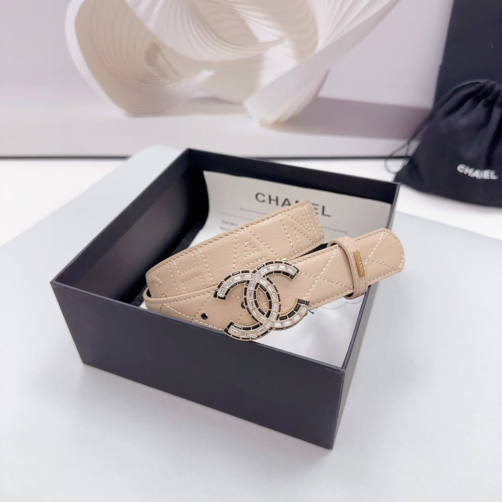 CC 30MM BELT IN BEIGE CREAM EMBROIDERED CALFSKIN METAL HARDWARE