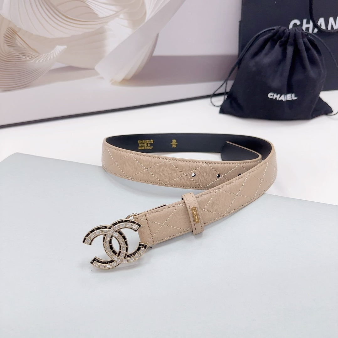 CC 30MM BELT IN BEIGE CREAM EMBROIDERED CALFSKIN METAL HARDWARE