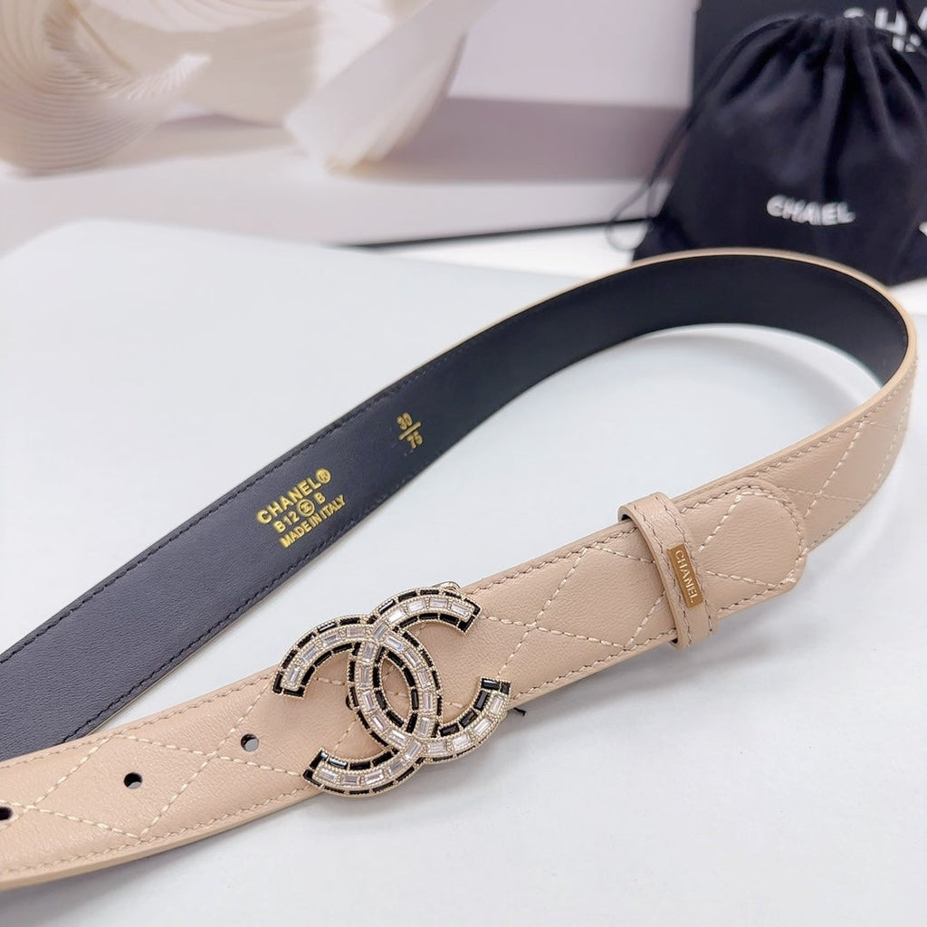 CC 30MM BELT IN BEIGE CREAM EMBROIDERED CALFSKIN METAL HARDWARE