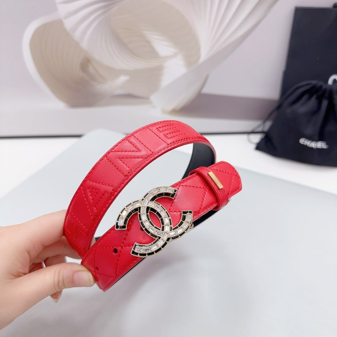 CC 30MM BELT IN CHERRY RED EMBROIDERED CALFSKIN METAL HARDWARE