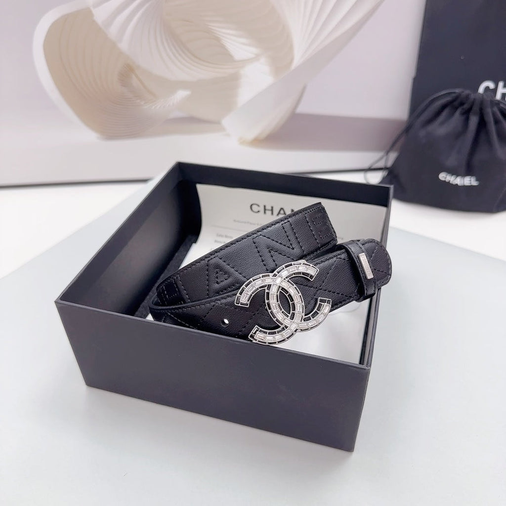 CC 30MM BELT IN BLACK EMBROIDERED CALFSKIN SILVER HARDWARE