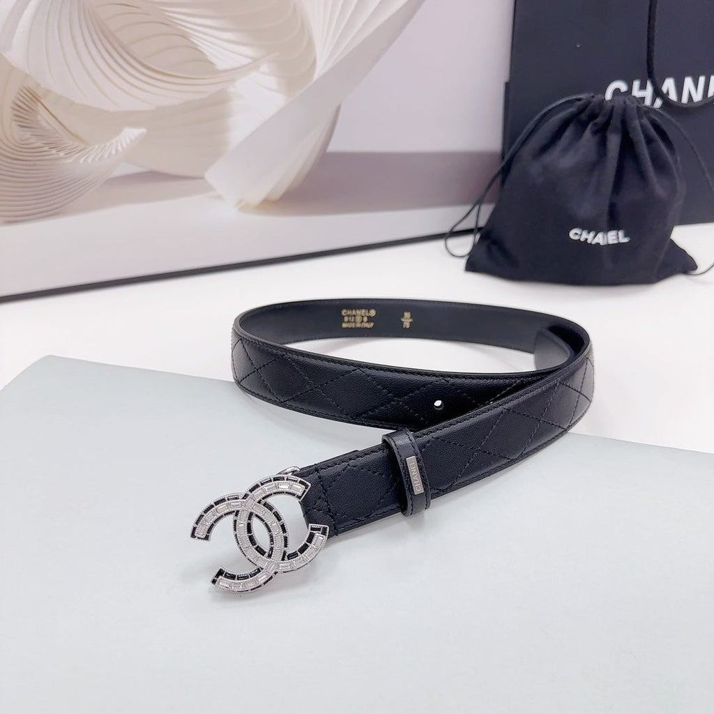 CC 30MM BELT IN BLACK EMBROIDERED CALFSKIN SILVER HARDWARE