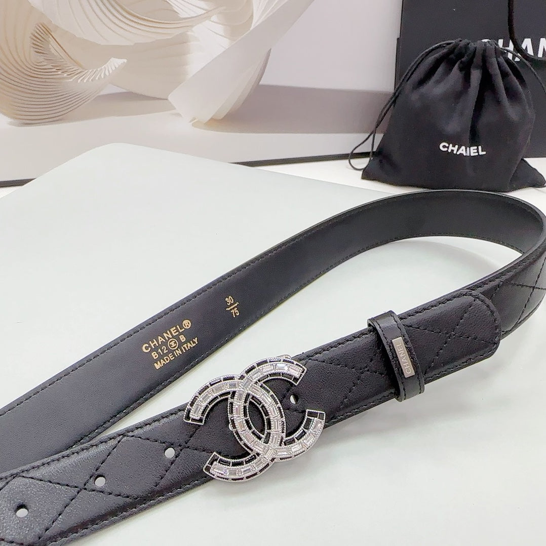 CC 30MM BELT IN BLACK EMBROIDERED CALFSKIN SILVER HARDWARE