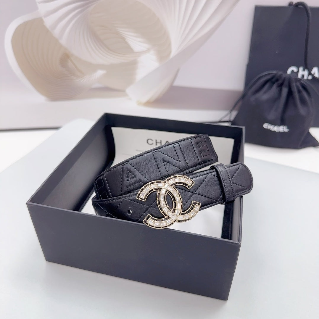 CC 30MM BELT IN BLACK EMBROIDERED CALFSKIN GOLD HARDWARE