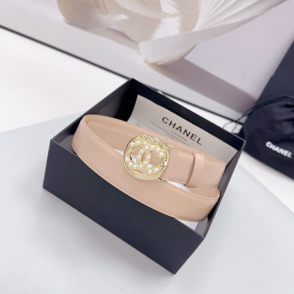 CC 30MM BELT IN NUDE BEIGE CALFSKIN GOLD HARDWARE ATTACH PEARLS