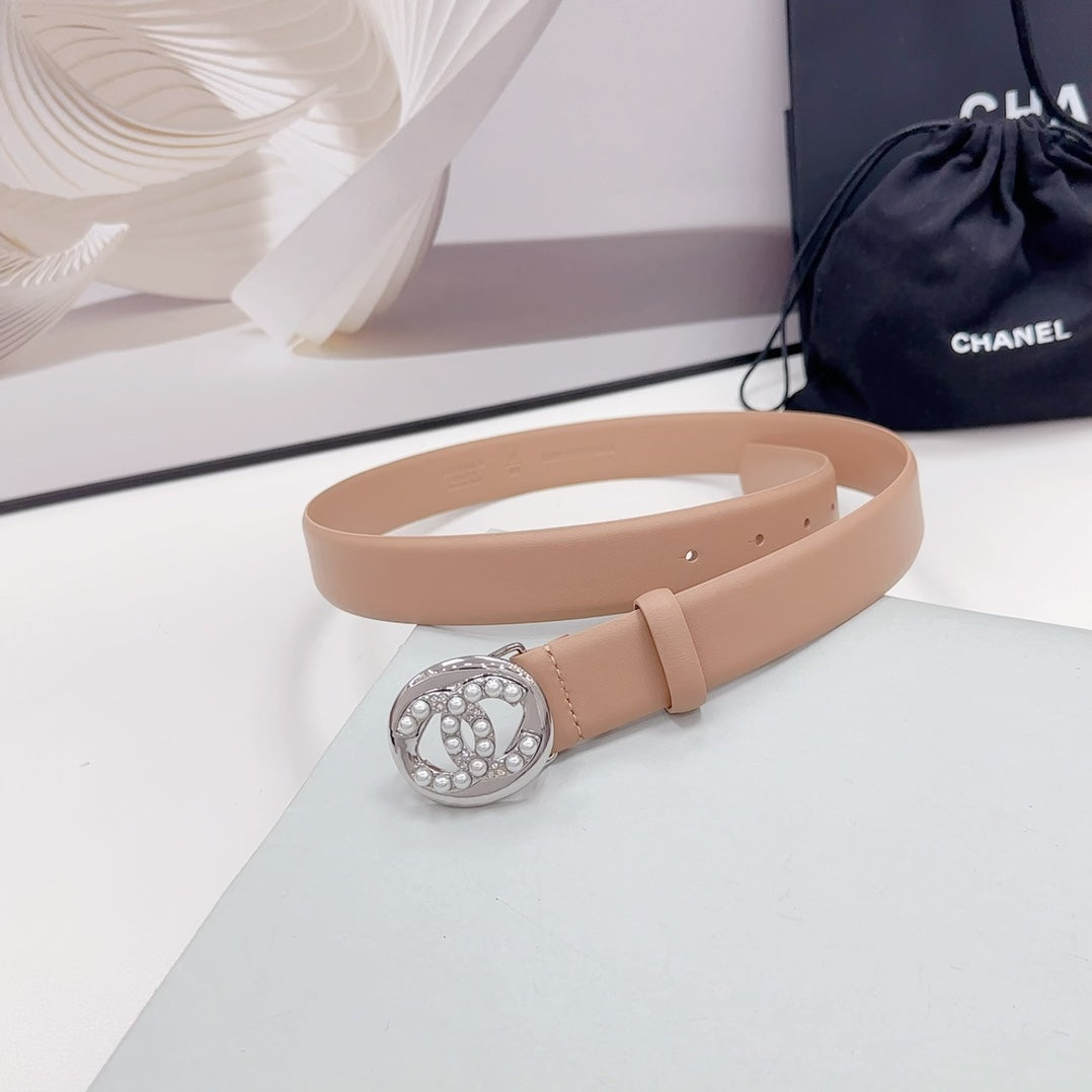 CC 30MM BELT IN DESERT SAND CALFSKIN SILVER HARDWARE ATTACH PEARLS