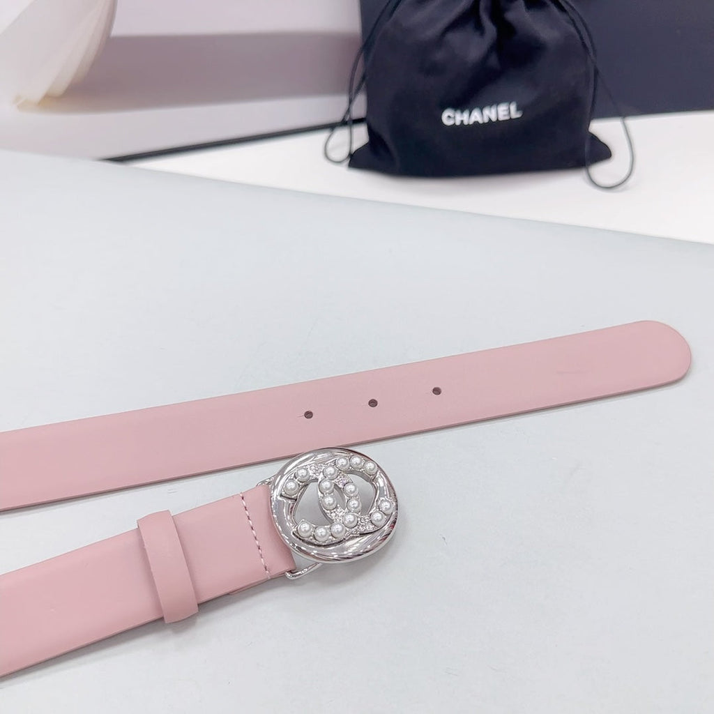 CC 30MM BELT IN FLAMINGO PINK CALFSKIN SILVER HARDWARE ATTACH PEARLS