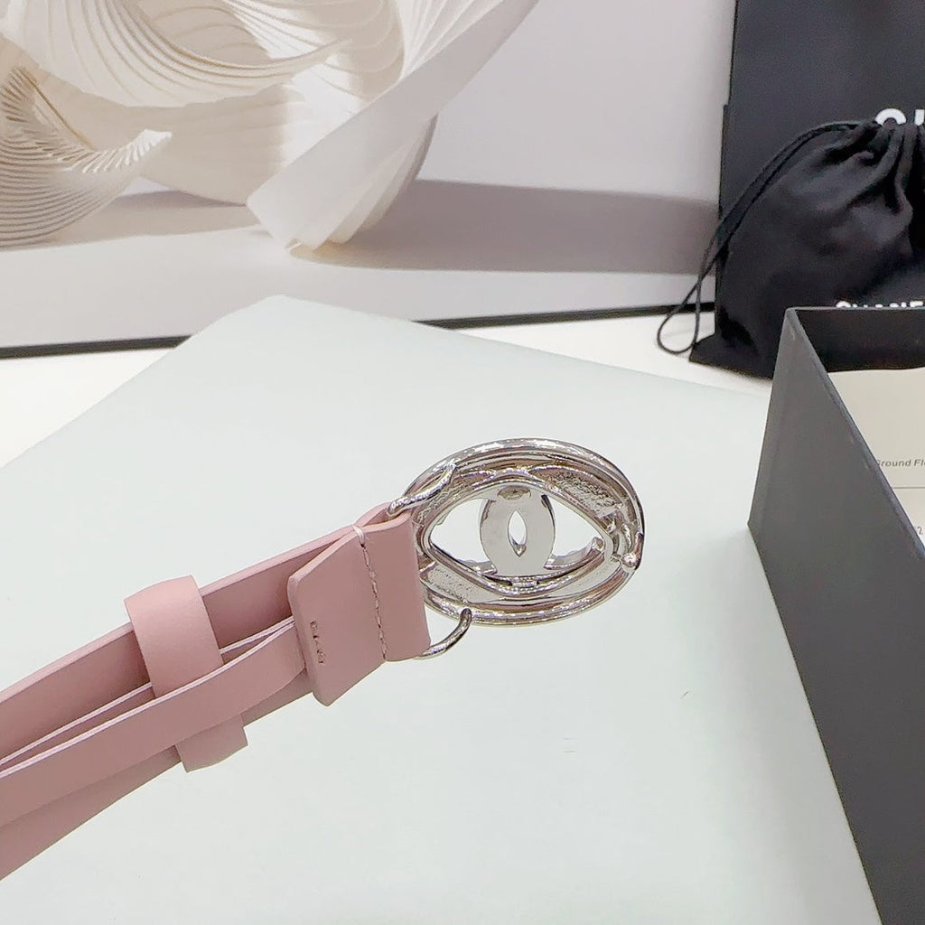 CC 30MM BELT IN FLAMINGO PINK CALFSKIN SILVER HARDWARE ATTACH PEARLS