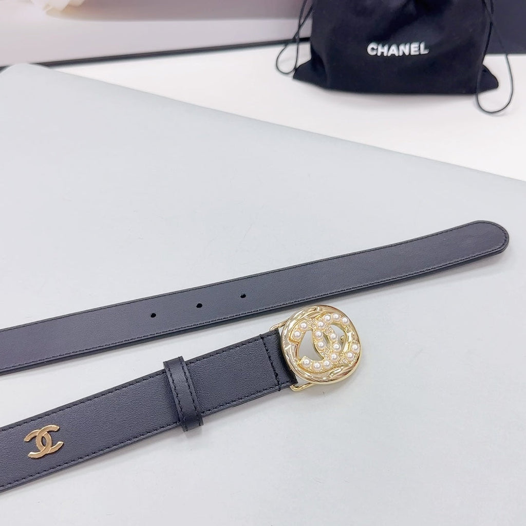 CC 30MM BELT IN BLACK CALFSKIN GOLD HARDWARE ATTACH PEARLS