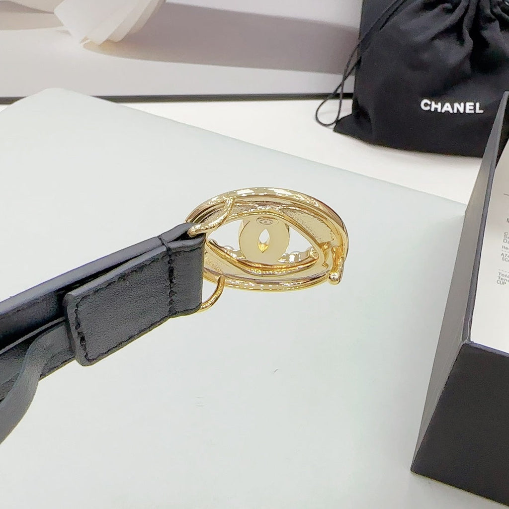 CC 30MM BELT IN BLACK CALFSKIN GOLD HARDWARE ATTACH PEARLS