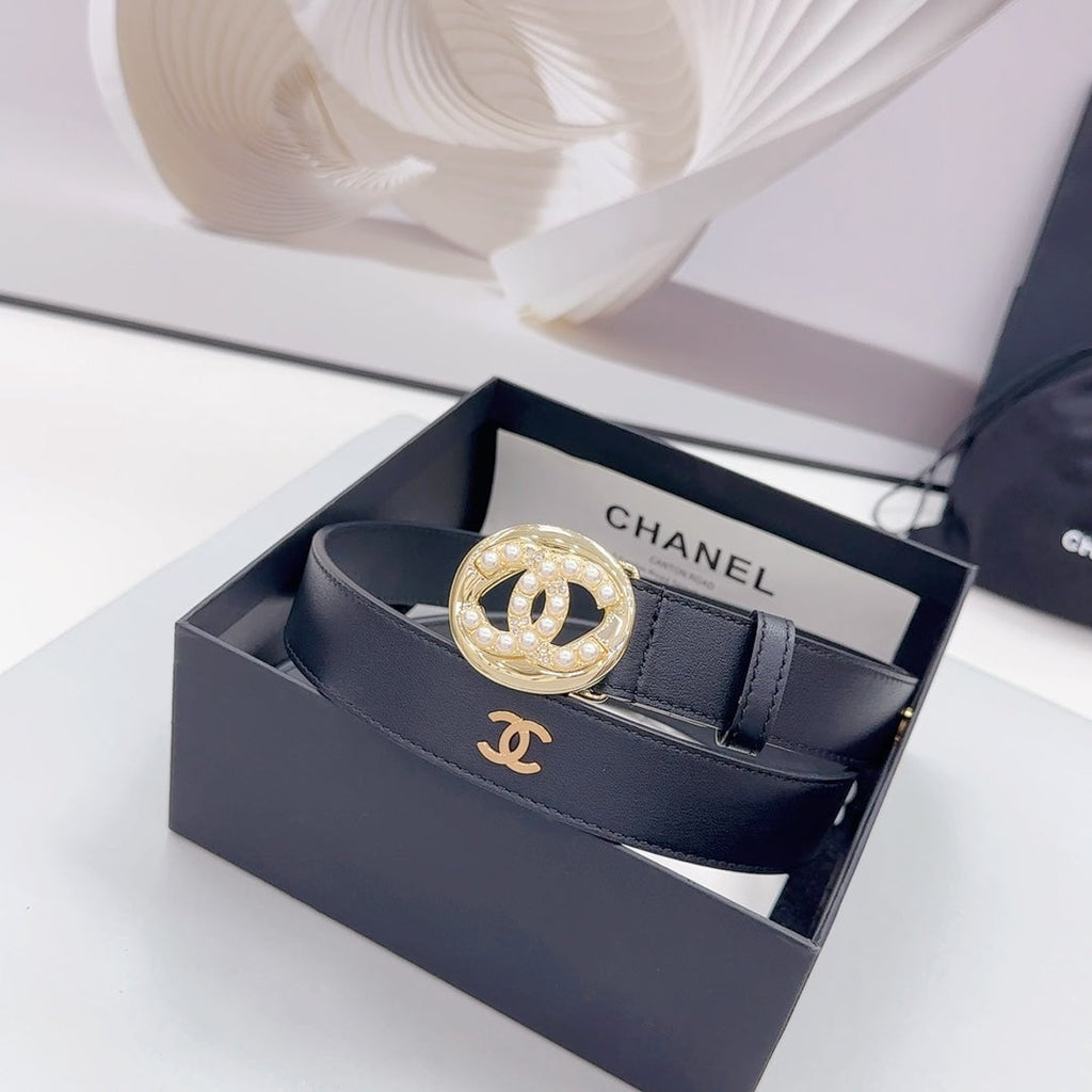 CC 30MM BELT IN BLACK CALFSKIN GOLD HARDWARE ATTACH PEARLS