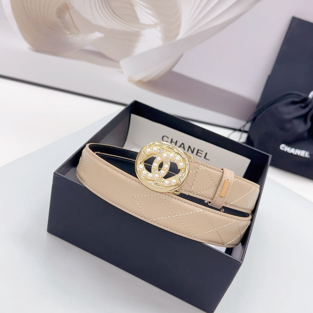 CC 30MM BELT IN CAMEL BROWN CALFSKIN GOLD HARDWARE ATTACH PEARLS