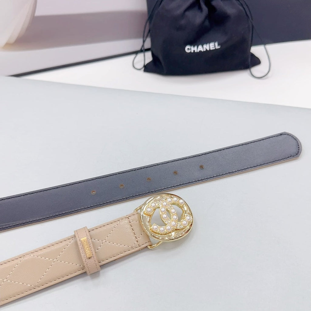 CC 30MM BELT IN CAMEL BROWN CALFSKIN GOLD HARDWARE ATTACH PEARLS