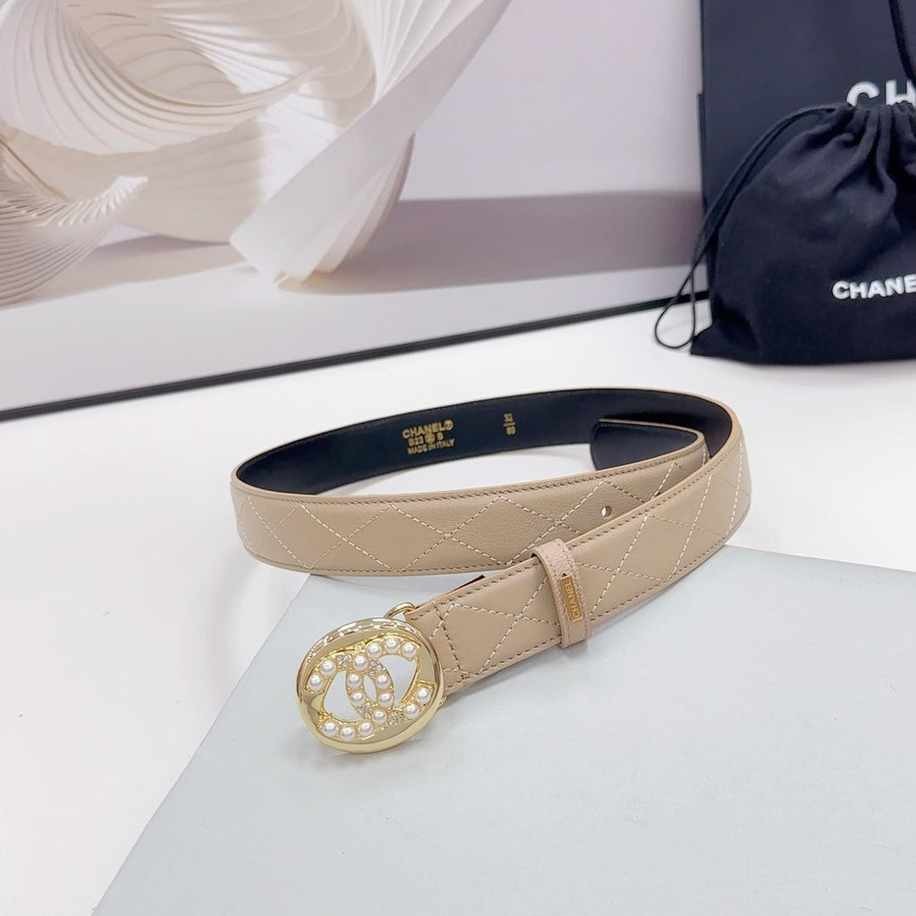 CC 30MM BELT IN CAMEL BROWN CALFSKIN GOLD HARDWARE ATTACH PEARLS