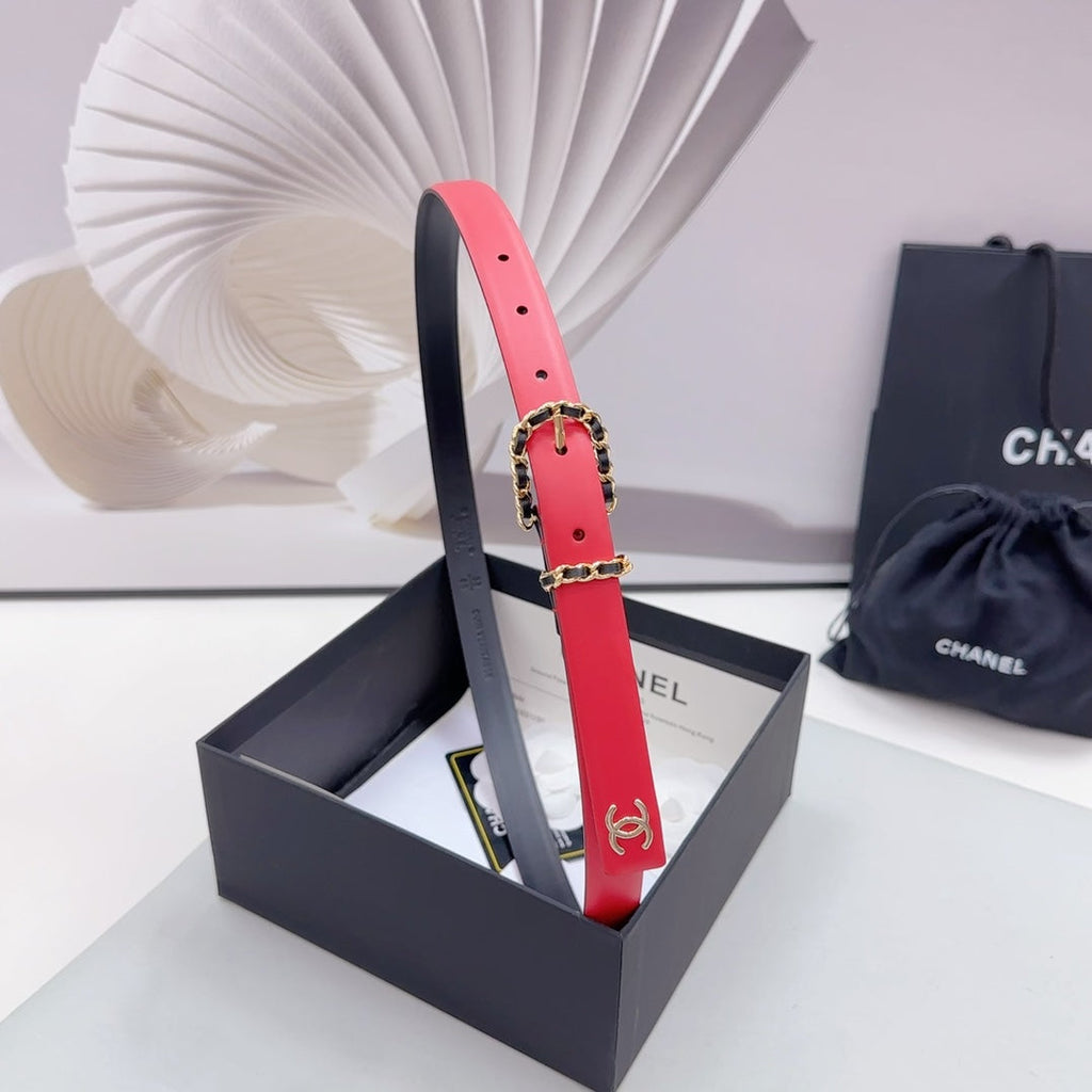 CC BELT 20 MM IN CHERRY RED MIX BLACK CALFSKIN GOLD HARDWARE