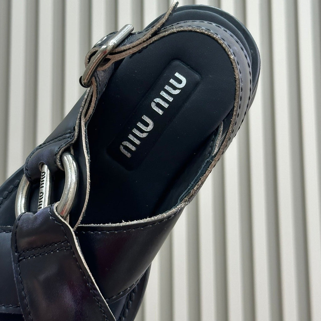 Sandals Black Retro Sheepskin With Cross - Straps