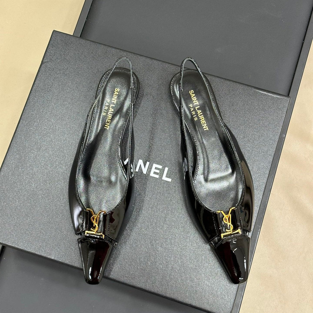SL BABYLONE SLINGBACK FLAT BLACK POLISHED CALFSKIN