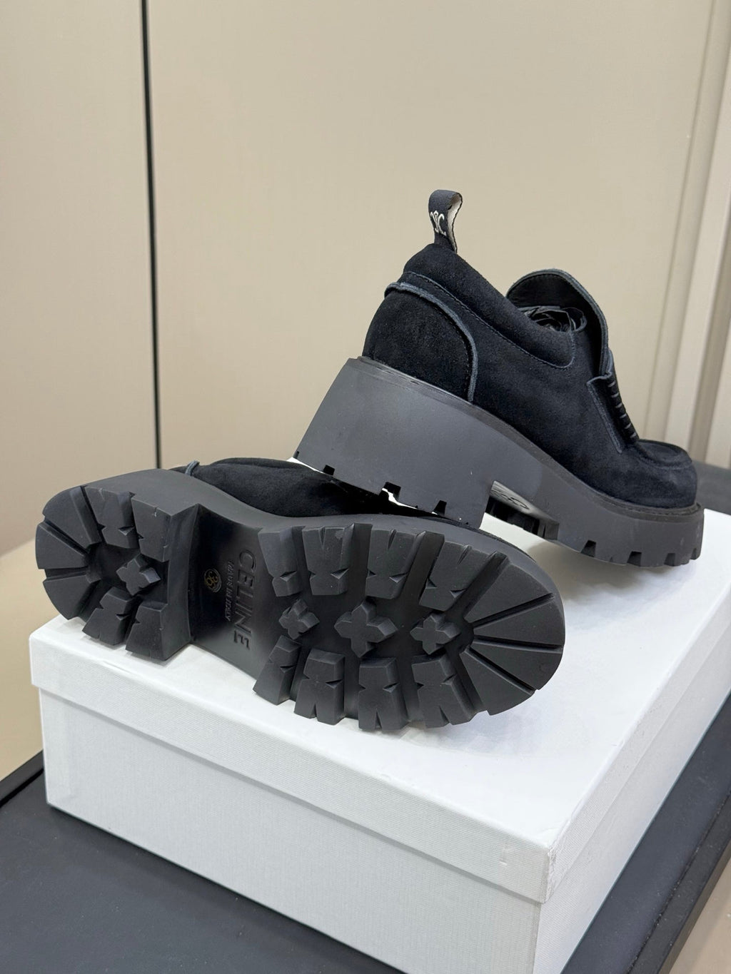 CELINE 25S SERIN CHUNKY LOAFERS 50MM IN BLACK SUEDE