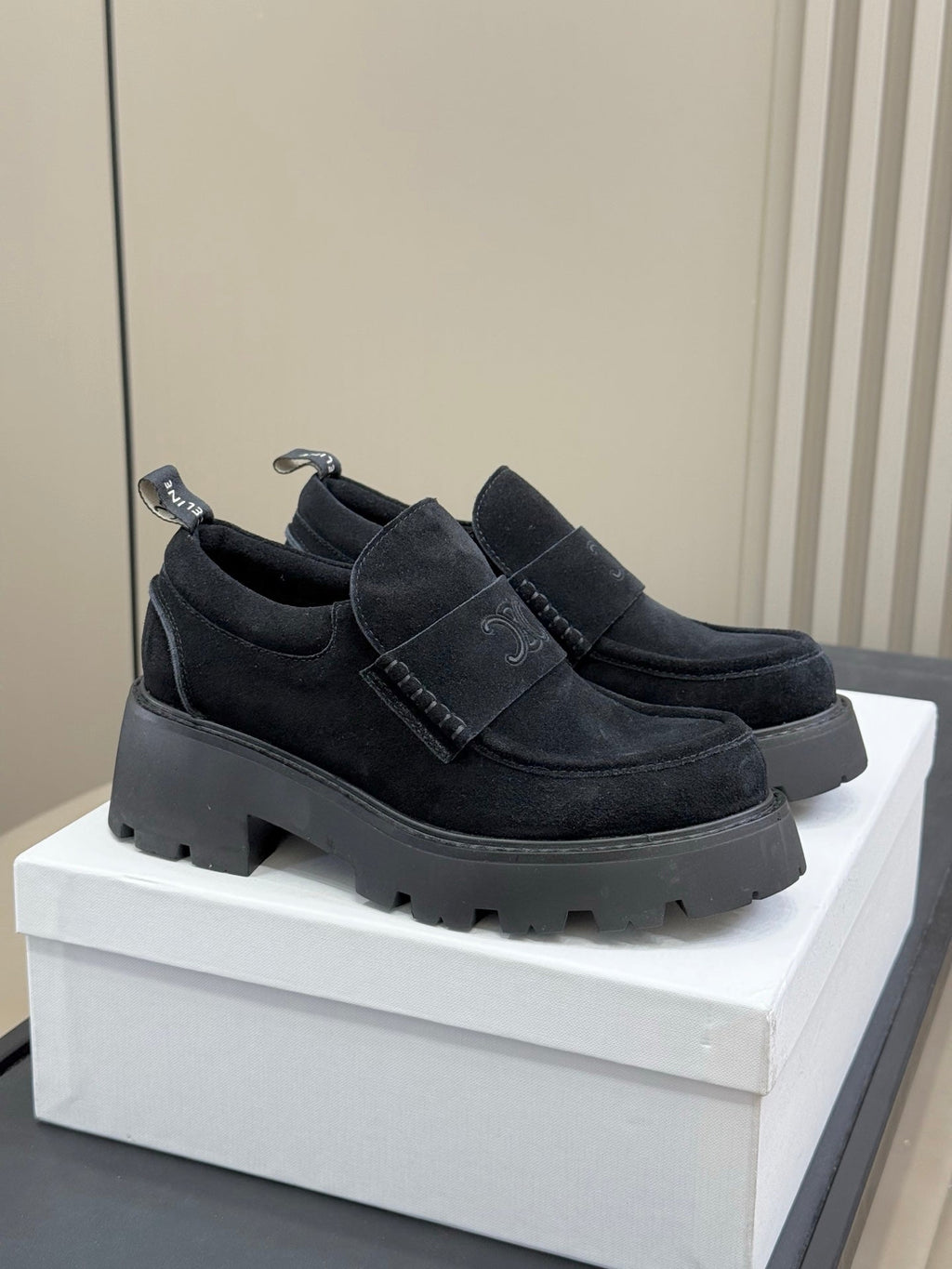 CELINE 25S SERIN CHUNKY LOAFERS 50MM IN BLACK SUEDE