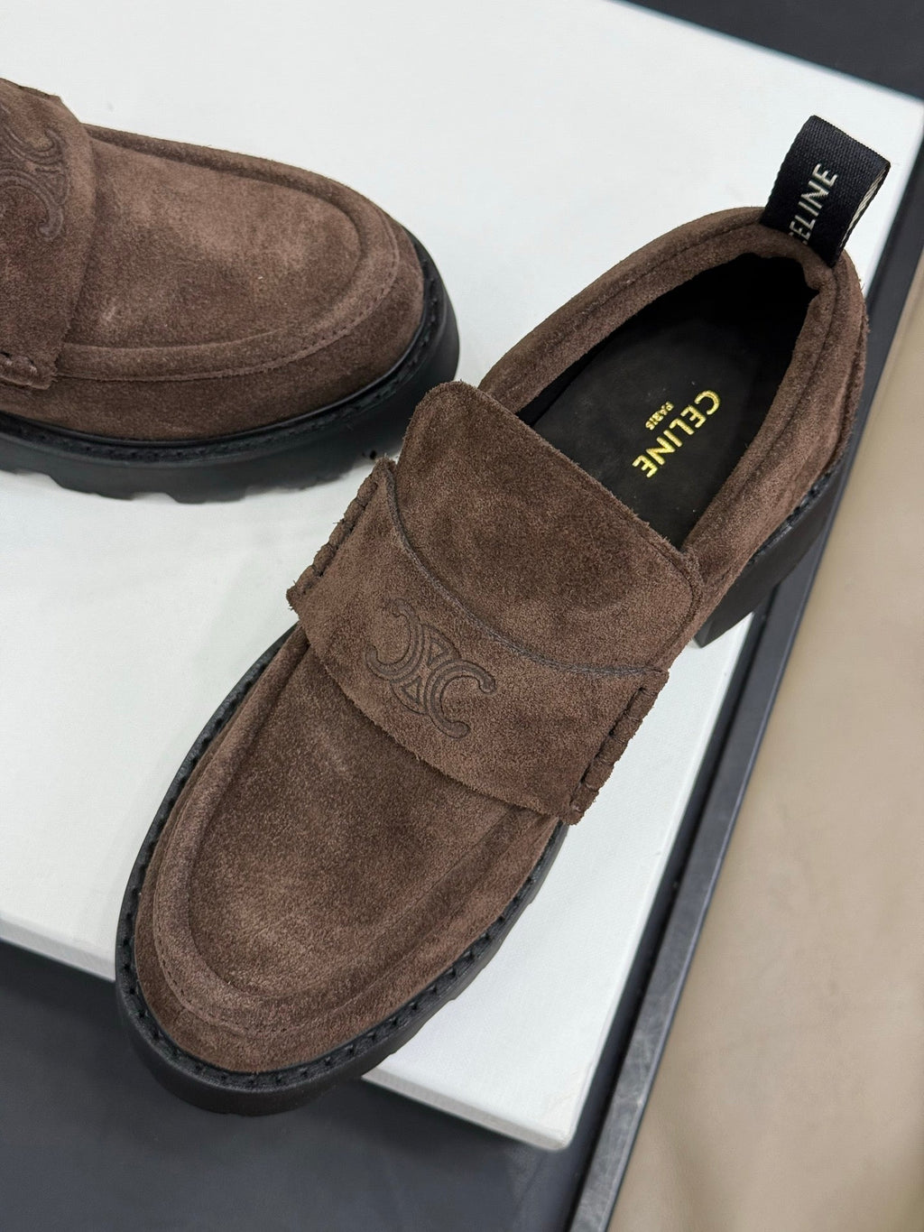 CELINE 25S SERIN CHUNKY LOAFERS 50MM IN BROWN SUEDE