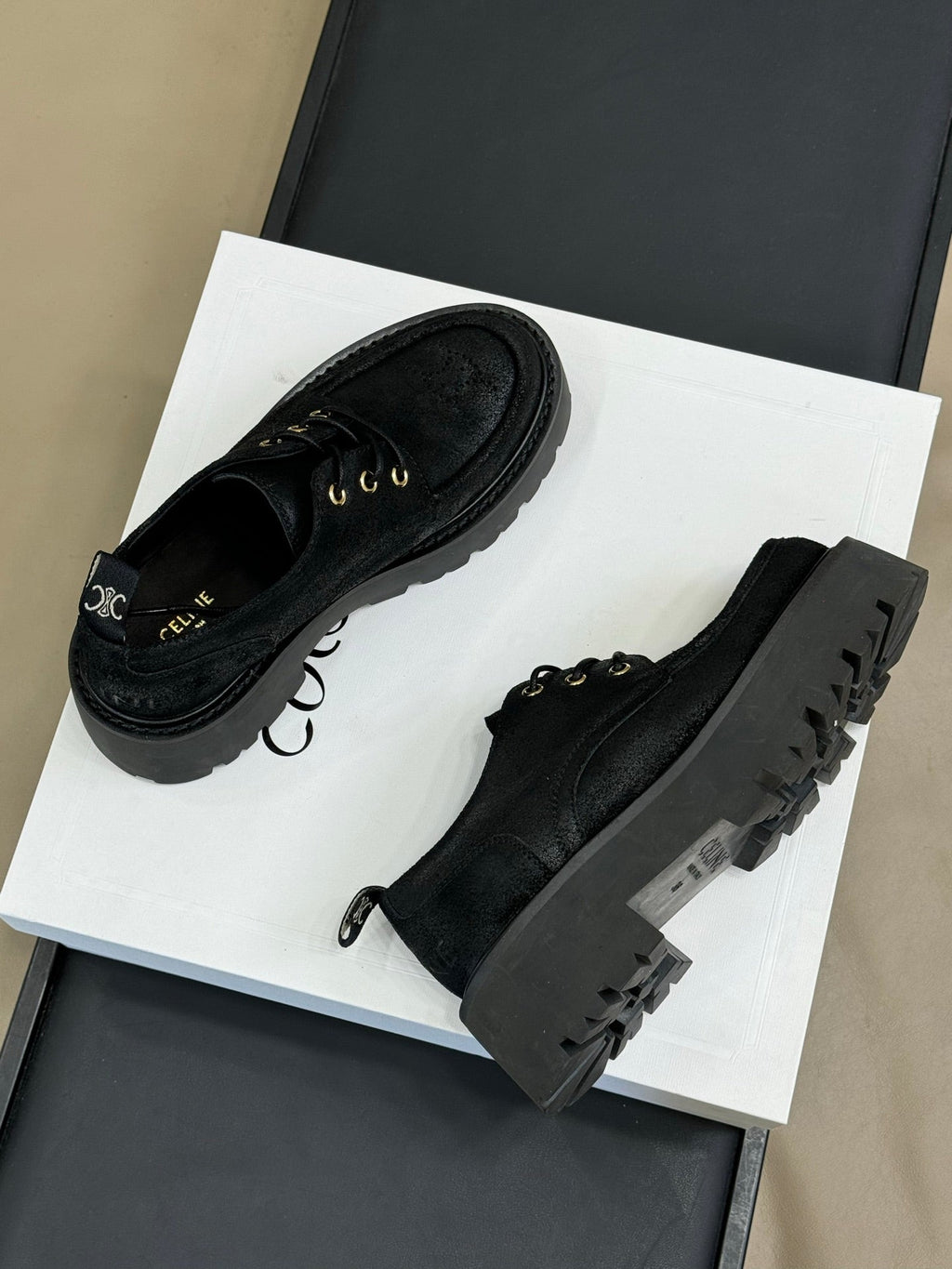 CELINE 25S THICK SOLED LOAFERS IN BLACK CALFSKIN SUEDE