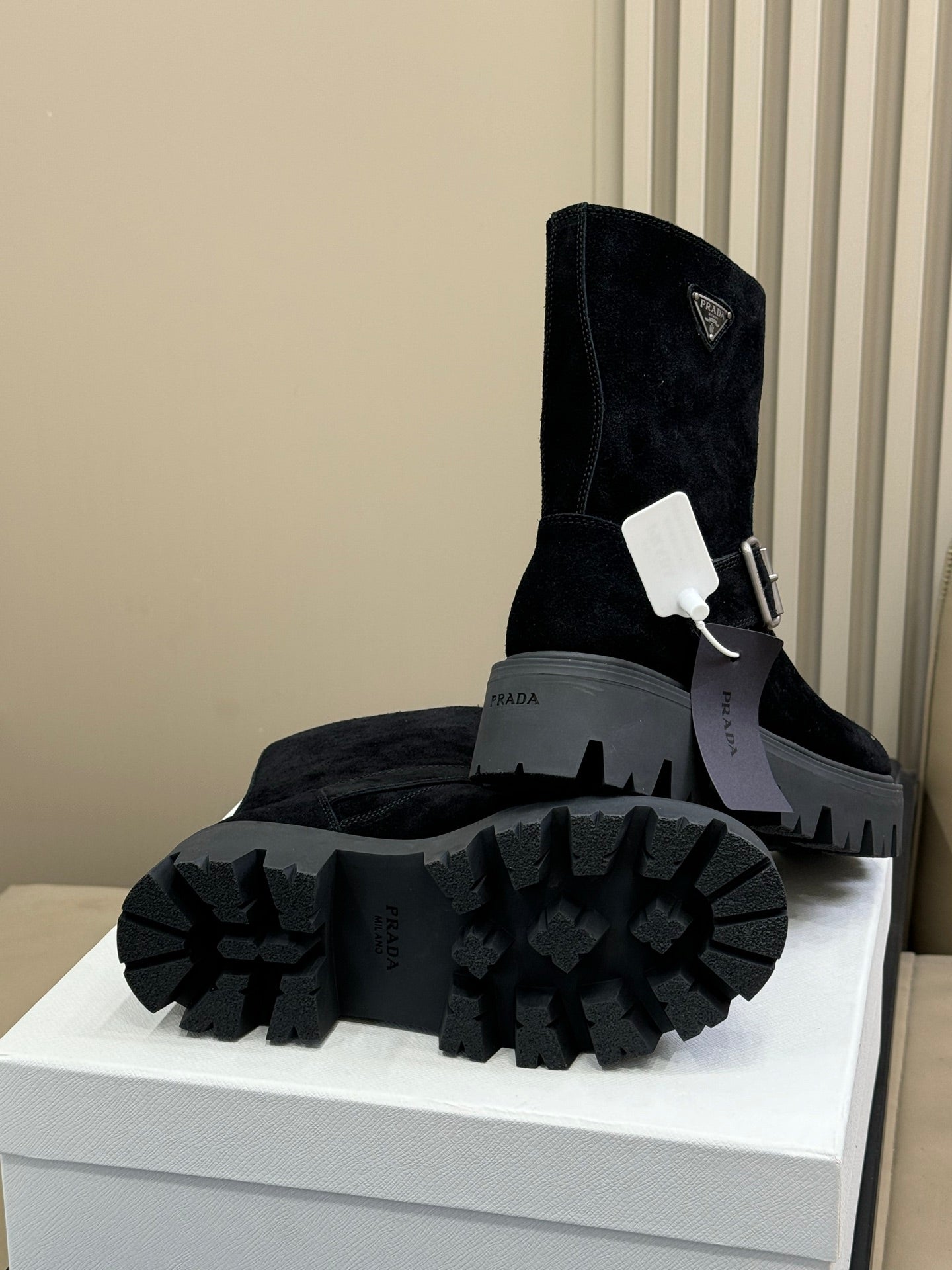 PRADA 25S PLATFORM ANKLE BOOTS IN BLACK SUEDE WITH SILVER HARDWARE