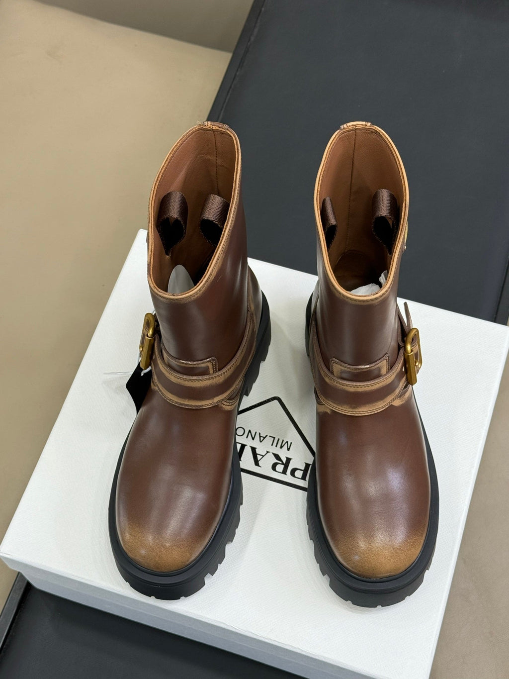 PRADA 25S PLATFORM ANKLE BOOTS IN DARK BROWN CALFSKIN WITH GOLD HARDWARE