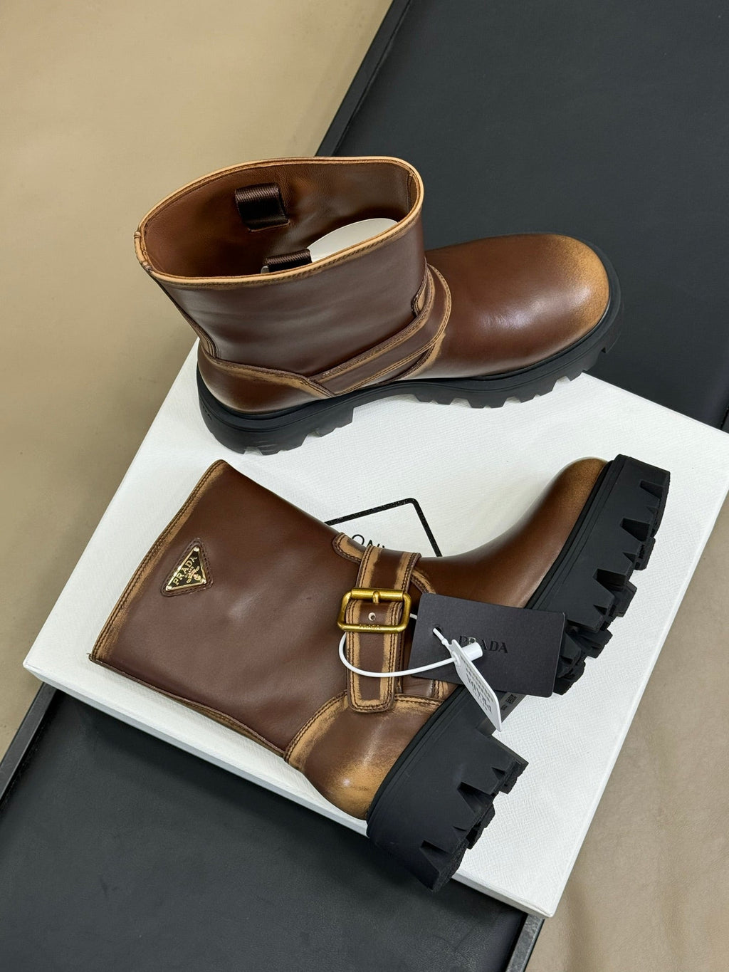 PRADA 25S PLATFORM ANKLE BOOTS IN DARK BROWN CALFSKIN WITH GOLD HARDWARE