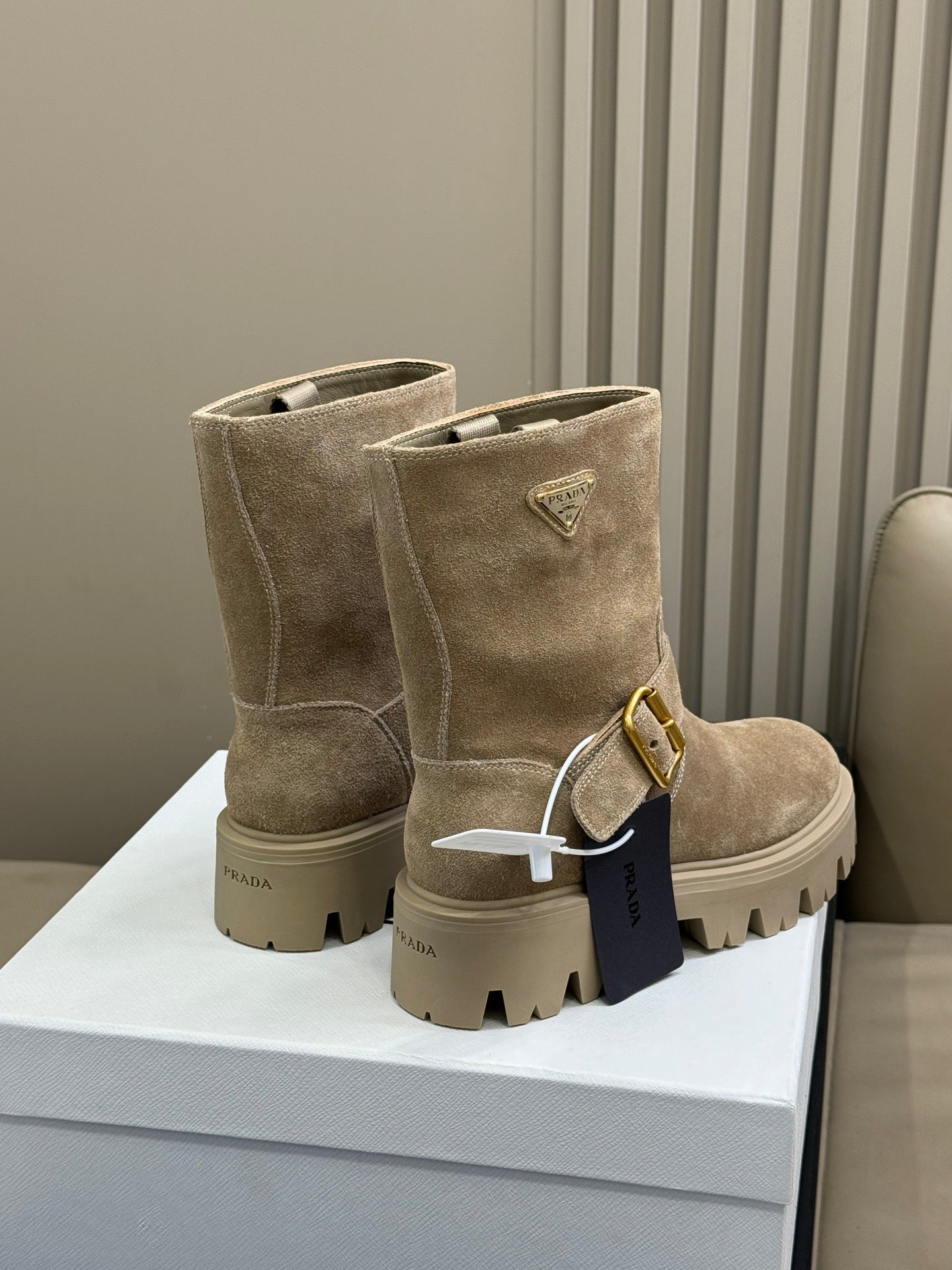 PRADA 25S PLATFORM ANKLE BOOTS IN DARK BEIGE SUEDE WITH GOLD HARDWARE