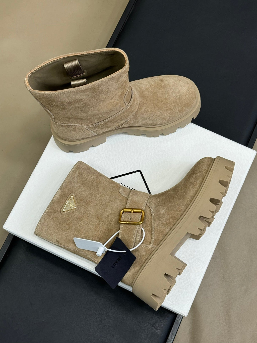 PRADA 25S PLATFORM ANKLE BOOTS IN DARK BEIGE SUEDE WITH GOLD HARDWARE