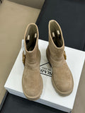 PRADA 25S PLATFORM ANKLE BOOTS IN DARK BEIGE SUEDE WITH GOLD HARDWARE