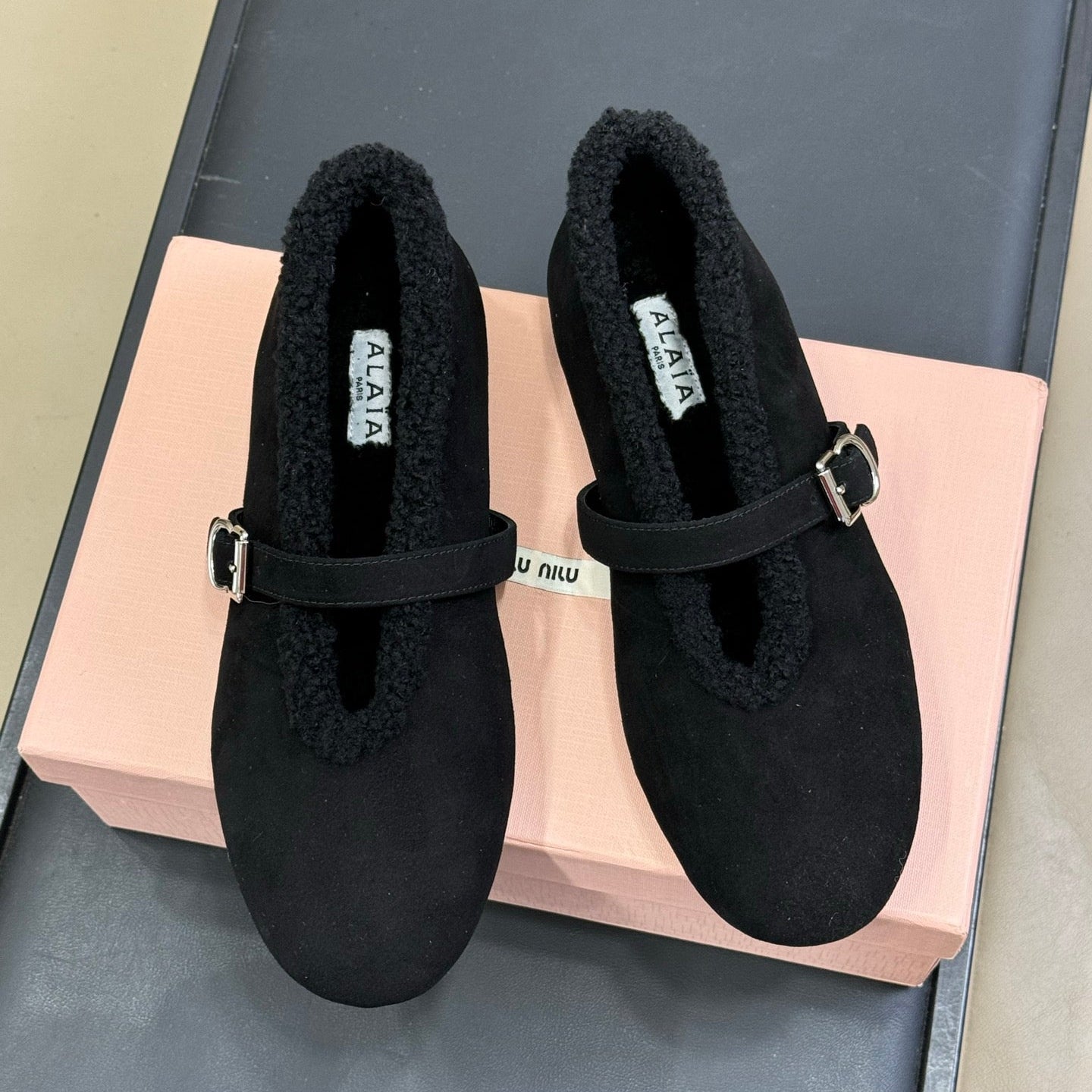 ALAIA 25S MARY JANE SHEARLING FLATS IN BLACK SUEDE