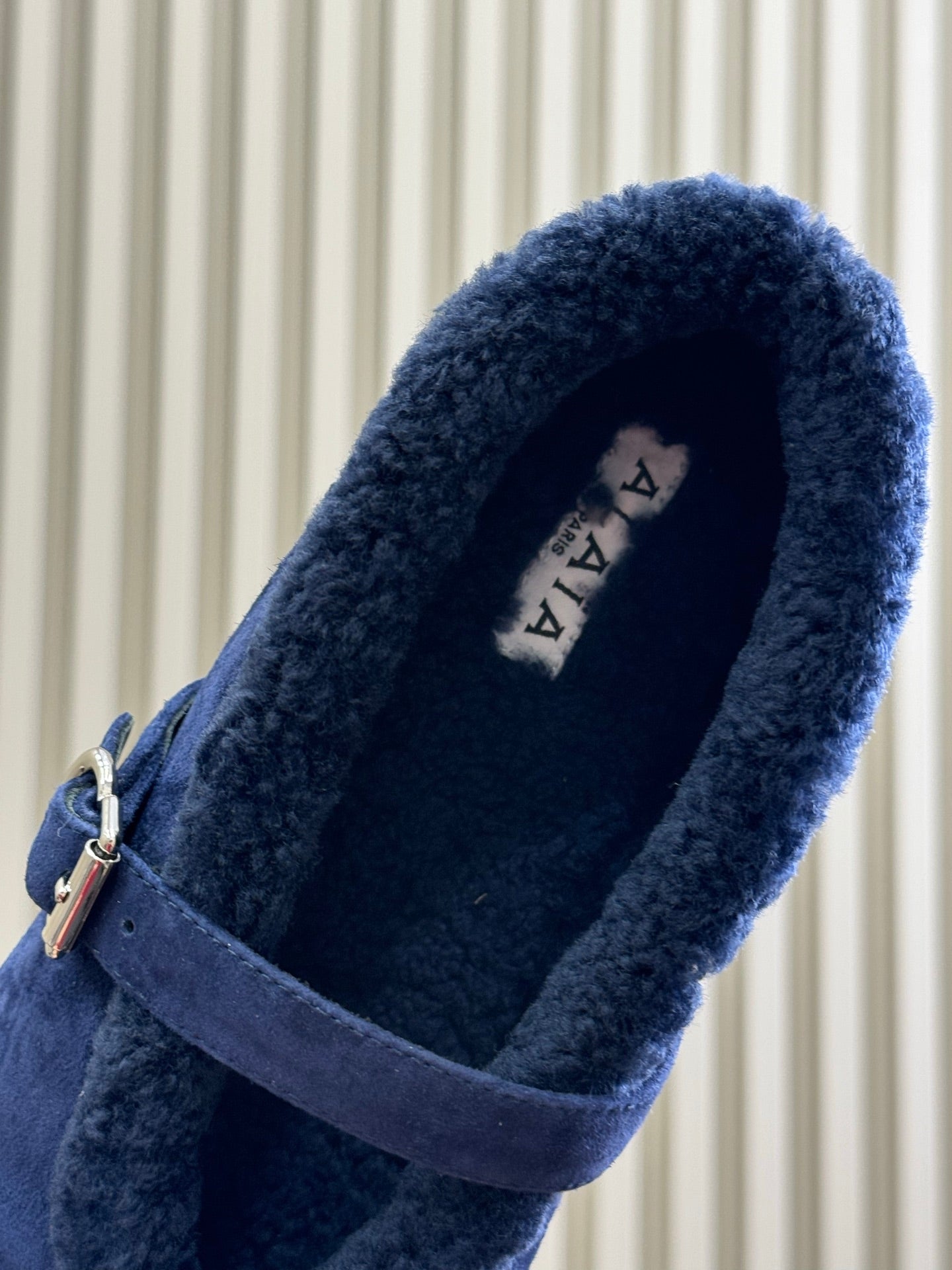 ALAIA 25S MARY JANE SHEARLING FLATS IN DARK BLUE SUEDE