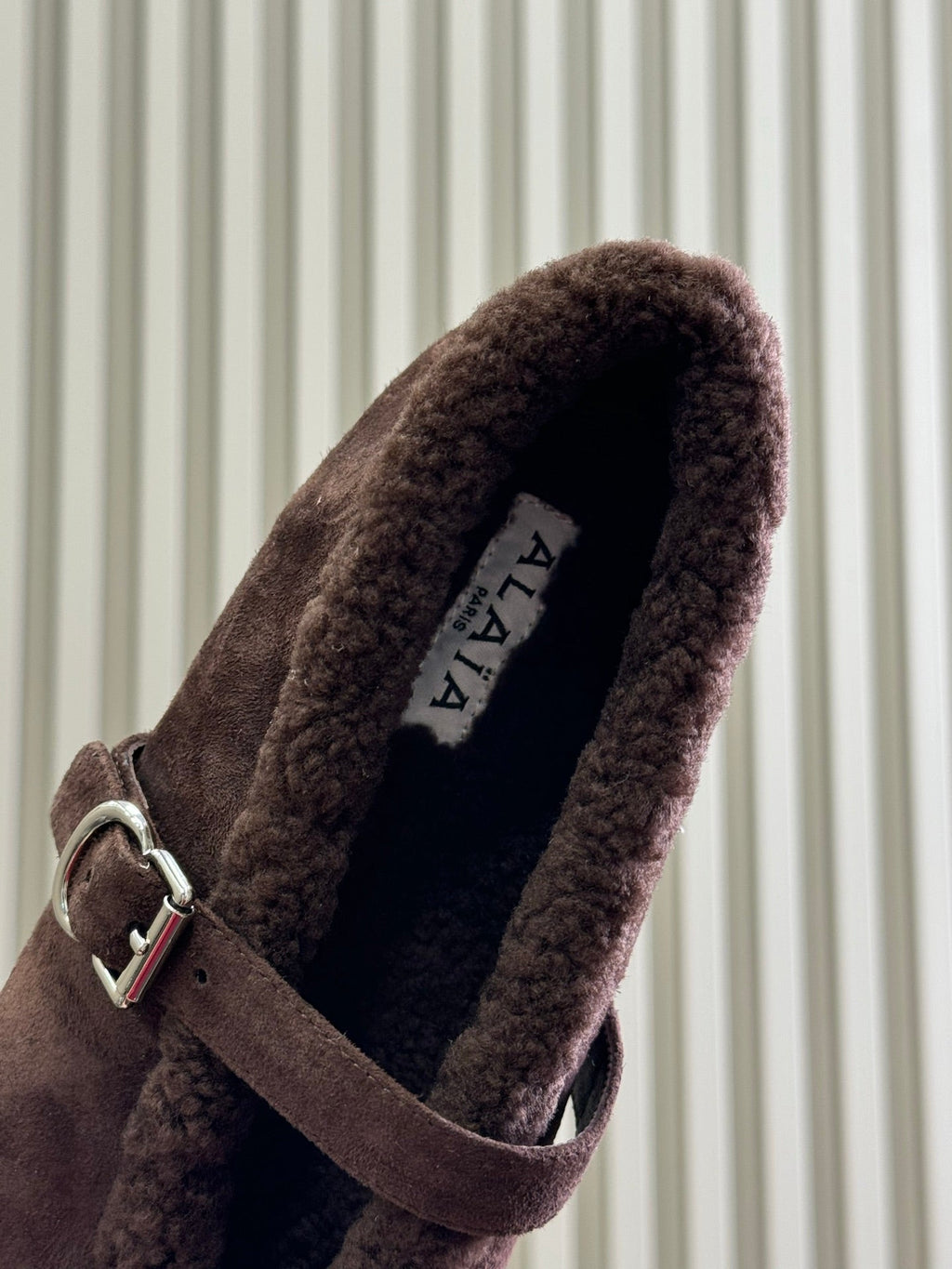 ALAIA 25S MARY JANE SHEARLING FLATS IN DARK BROWN SUEDE