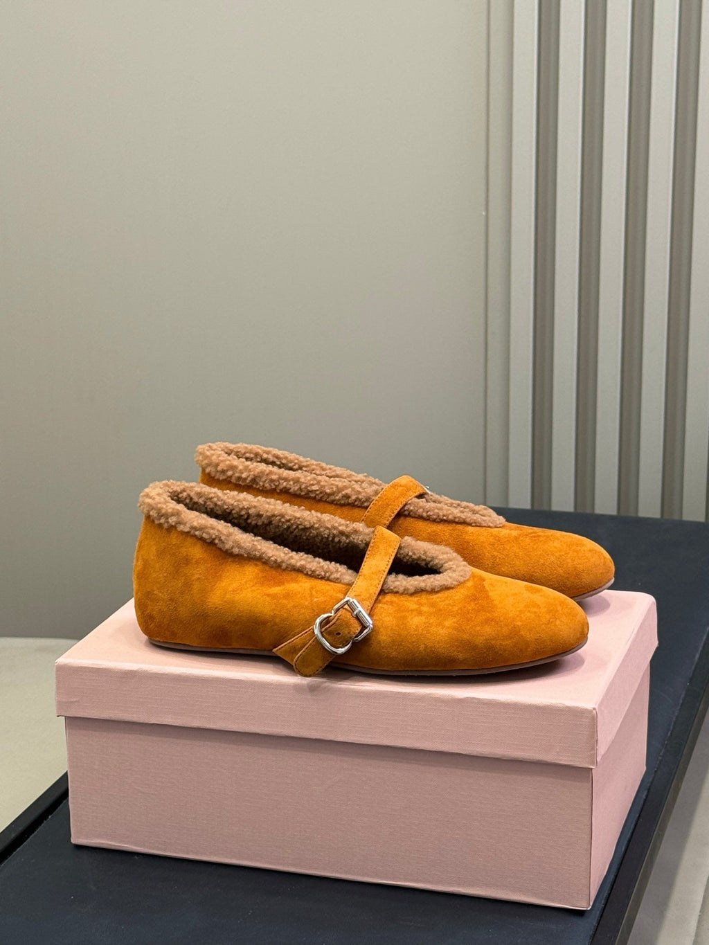 ALAIA 25S MARY JANE SHEARLING FLATS IN DARK CARAMEL SUEDE