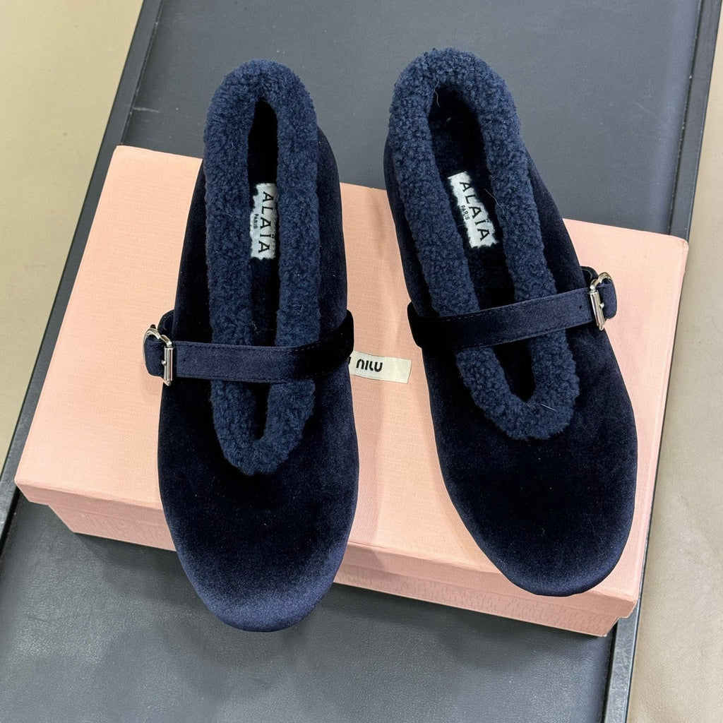 ALAIA 25S BALLET FLATS IN DARK BLUE VELVET