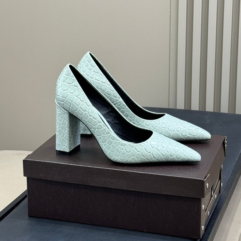 ALAIA 25S POINTY TOE PUMPS 90MM IN CELADON GREEN CALFSKIN