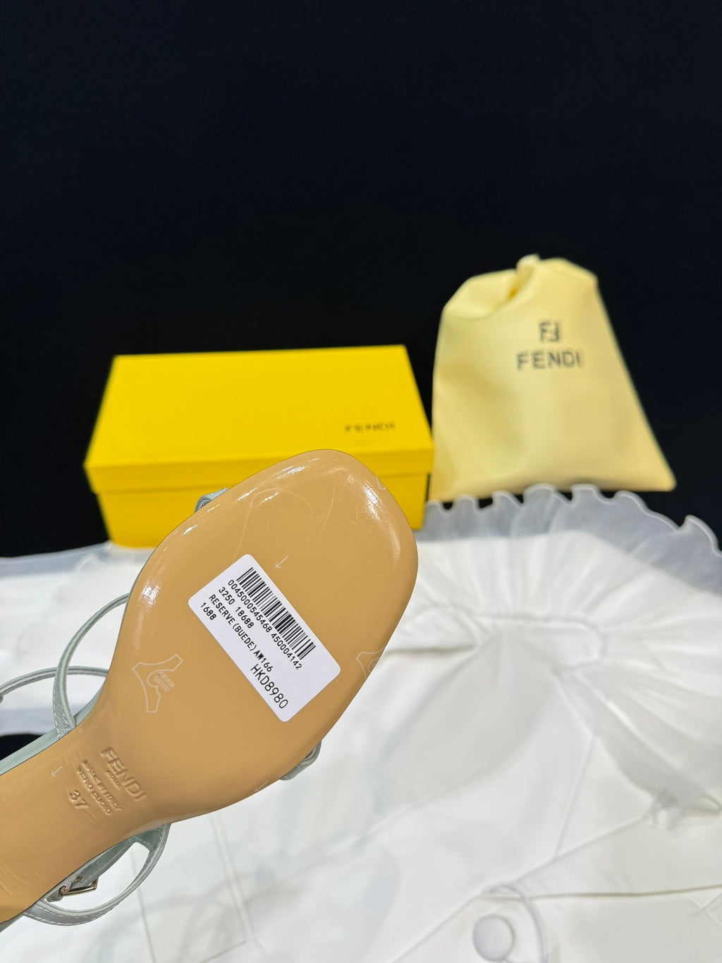 FENDI FFOLD MEDIUM-HEELED 55 MM SANDALS IN ASH GREY LAMBSKIN WITH GOLD HARDWARE