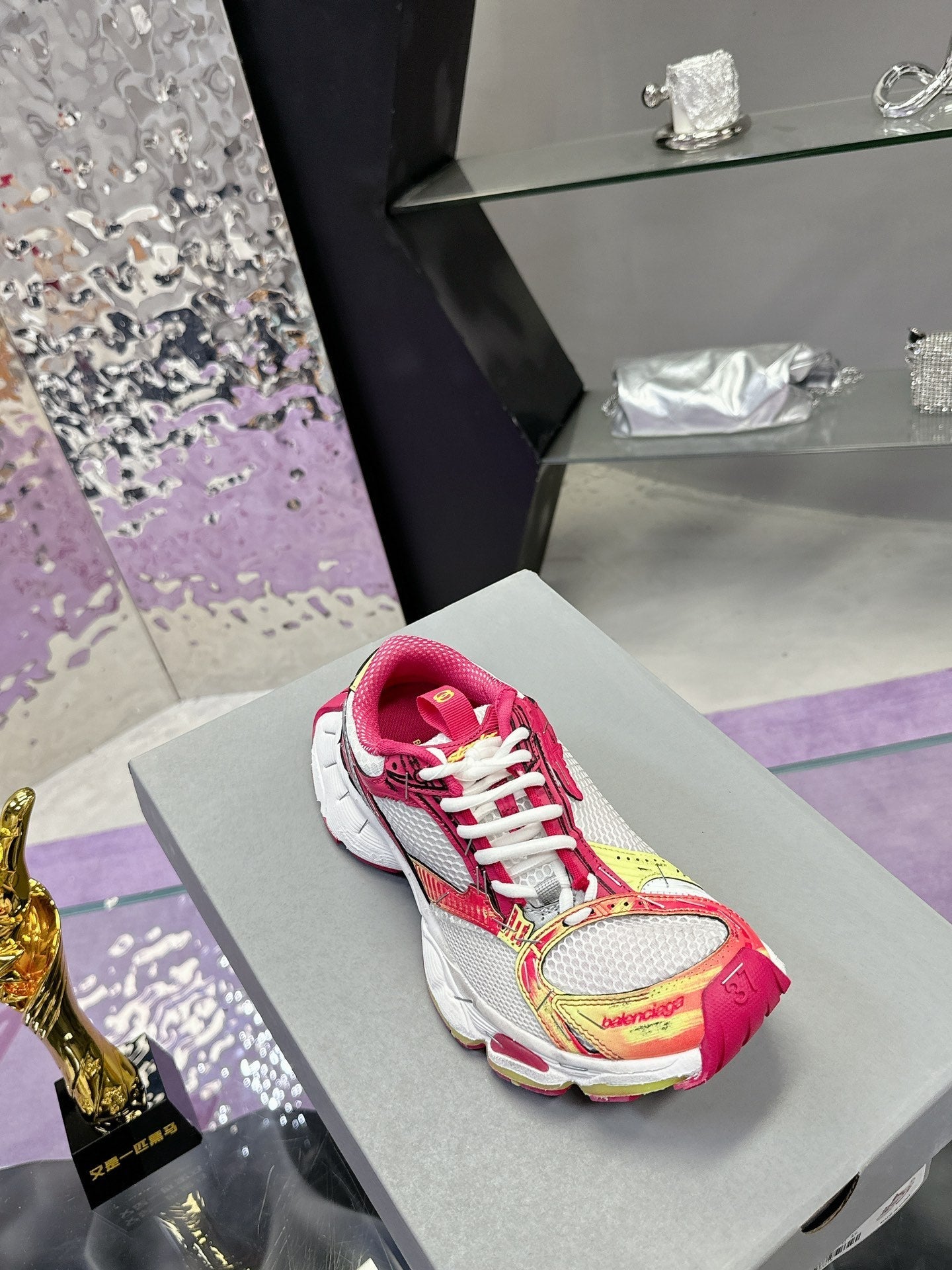 STAPLER SNEAKER IN WHITE, PINK, NEON YELLOW AND SILVER POLYURETHANE AND POLYESTER