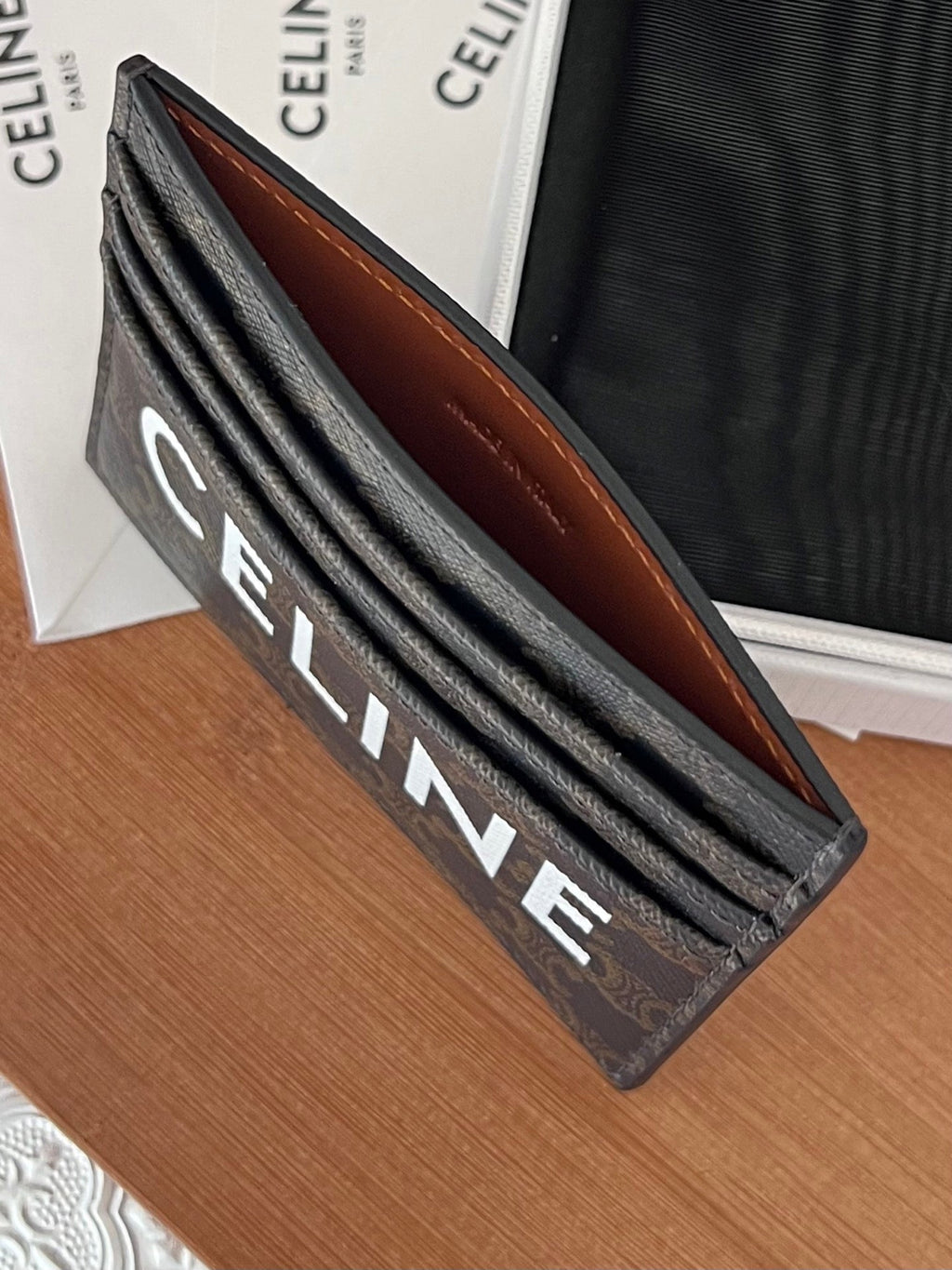 CELINE 25S CARD HOLDER WITH TRIOMPHE LOGO PRINT 11 IN BLACK TRIOPMHE CALFSKIN