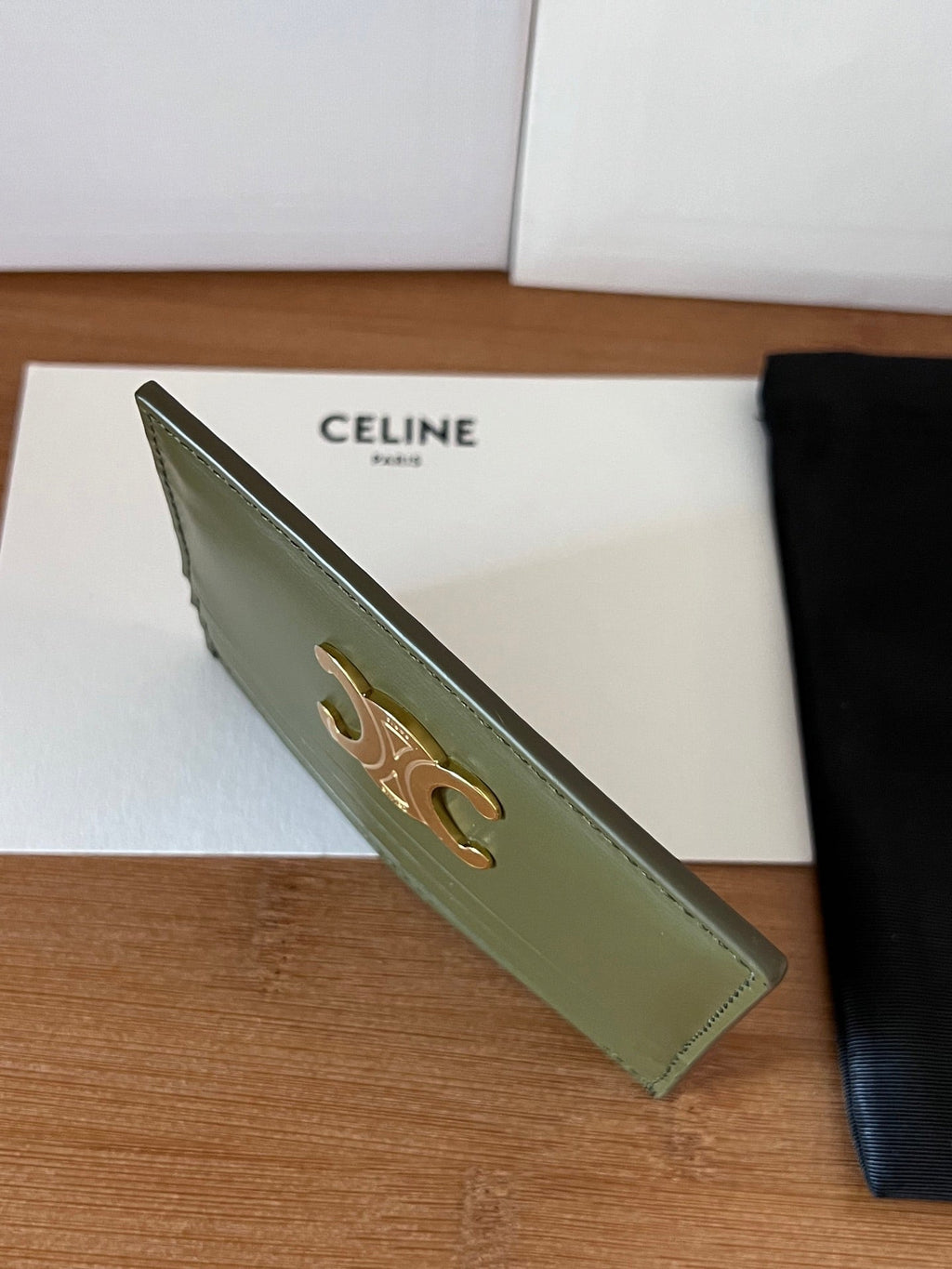 CELINE 25S CARD HOLDER WITH TRIOMPHE LOGO 11 IN DARK OLIVE GREEN CALFSKIN