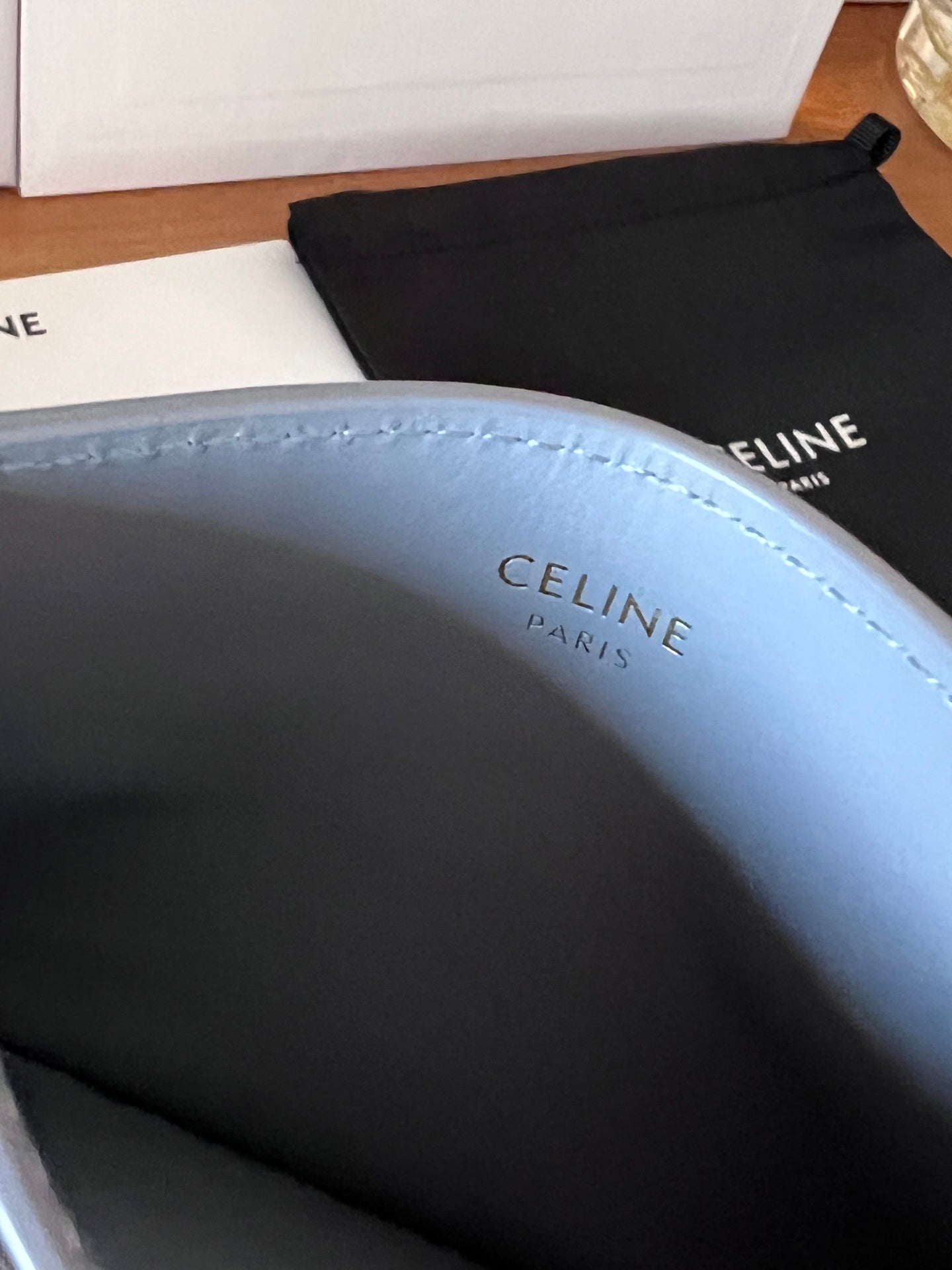CELINE 25S CARD HOLDER WITH TRIOMPHE LOGO 11 IN LIGHT BLUE GRAY CALFSKIN
