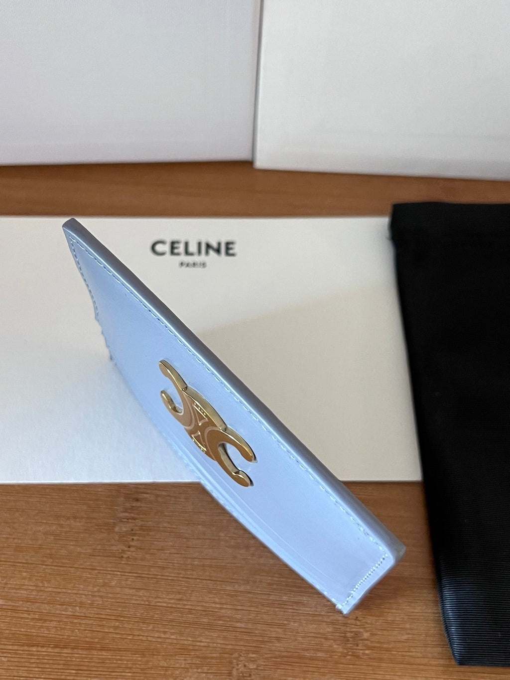 CELINE 25S CARD HOLDER WITH TRIOMPHE LOGO 11 IN LIGHT BLUE GRAY CALFSKIN