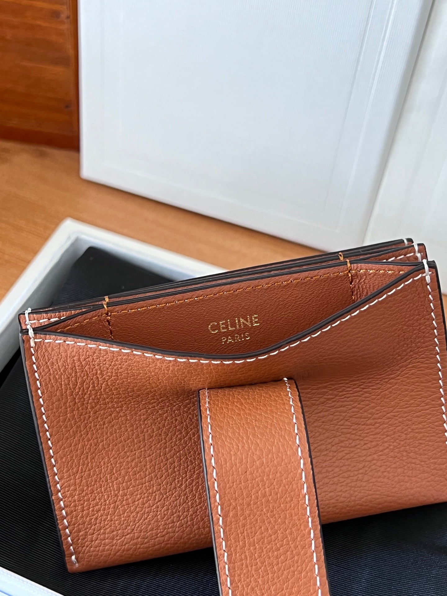 CELINE 25S TRIOMPHE TRIFOLD WALLET 11 IN BROWN CALFSKIN GOLD HARDWARE