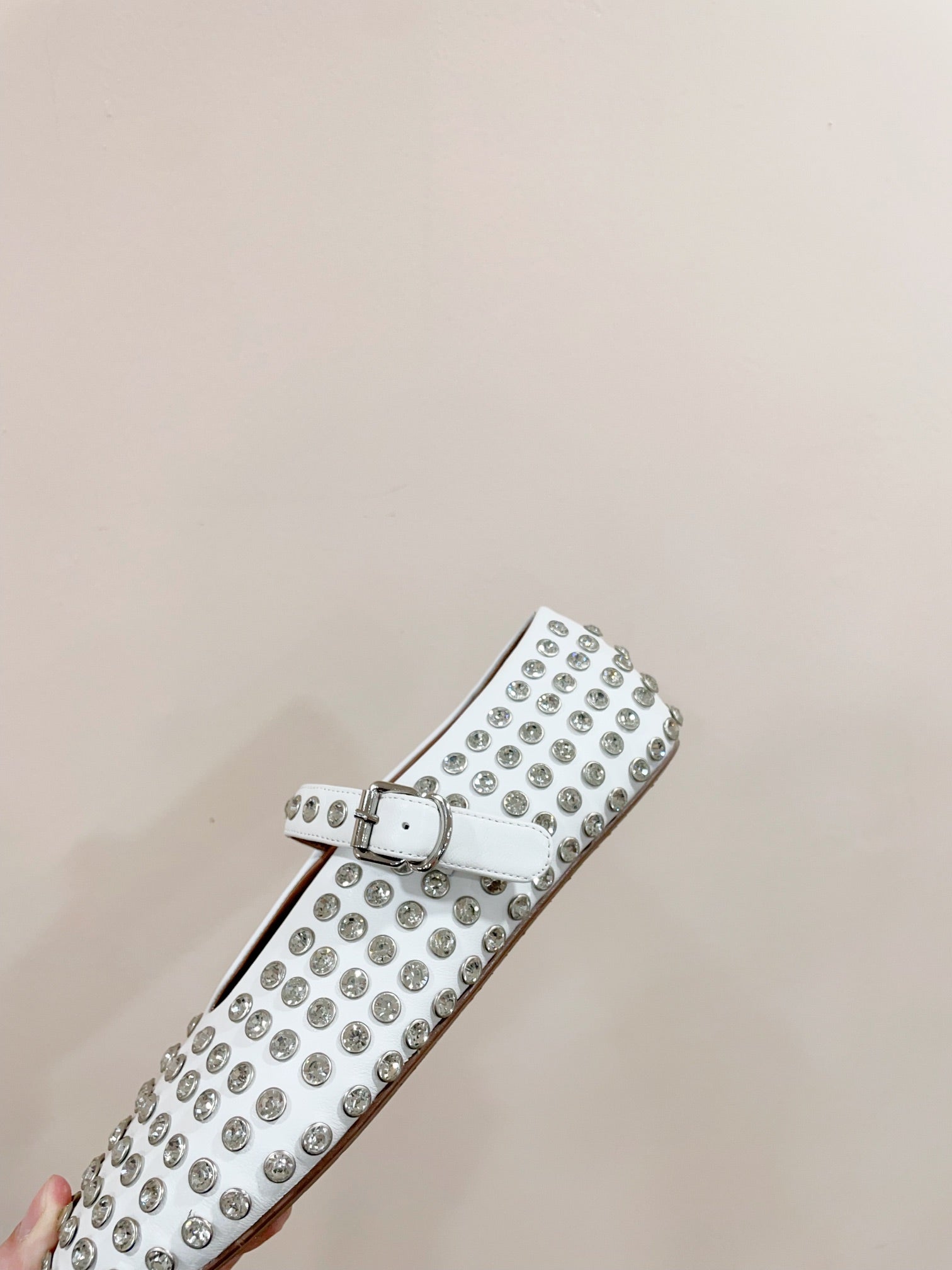 ALAIA MARY JANE SHOES IN WHITE LAMBKIN ATTACH RHINSTONES