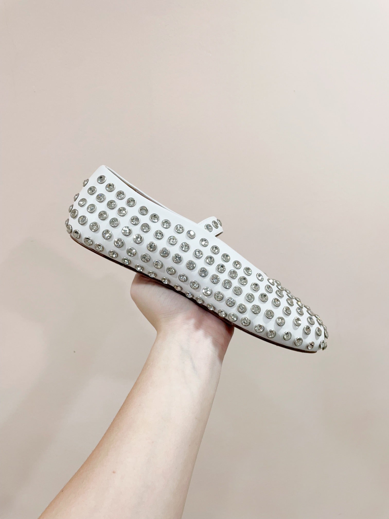 ALAIA MARY JANE SHOES IN WHITE LAMBKIN ATTACH RHINSTONES