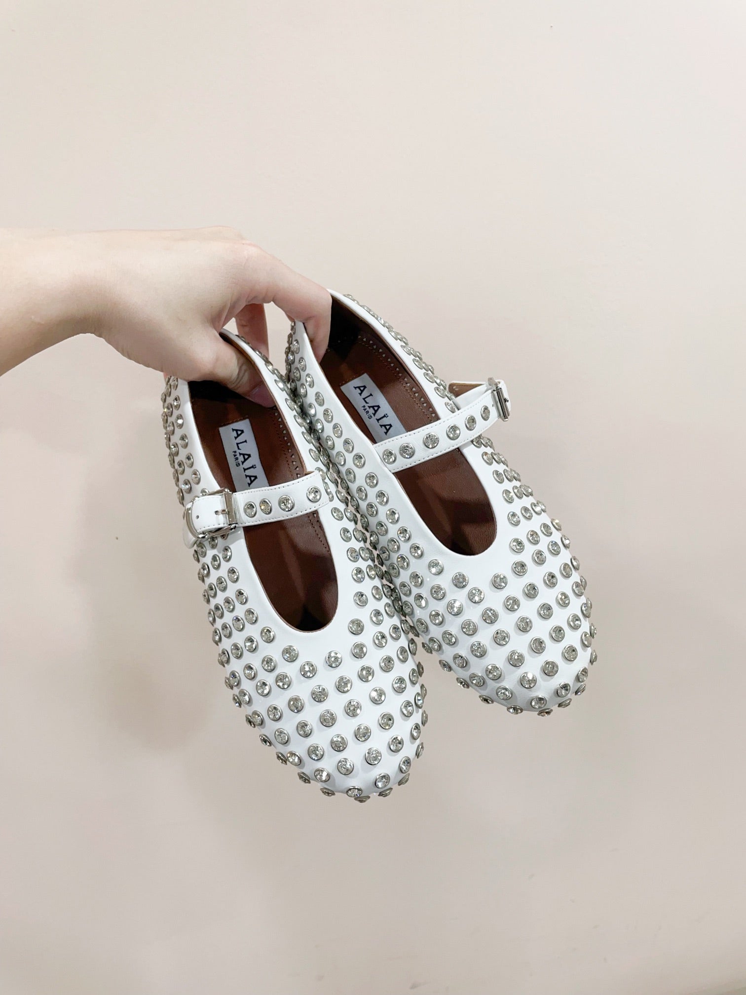 ALAIA MARY JANE SHOES IN WHITE LAMBKIN ATTACH RHINSTONES
