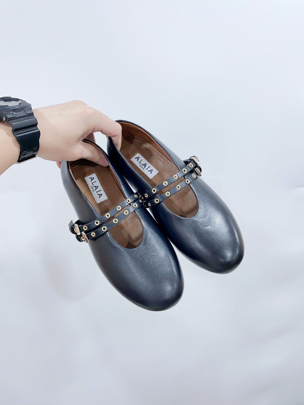 ALAIA MARY JANE SHOES IN BLACK LAMBSKIN WITH GOLD HARDWARE